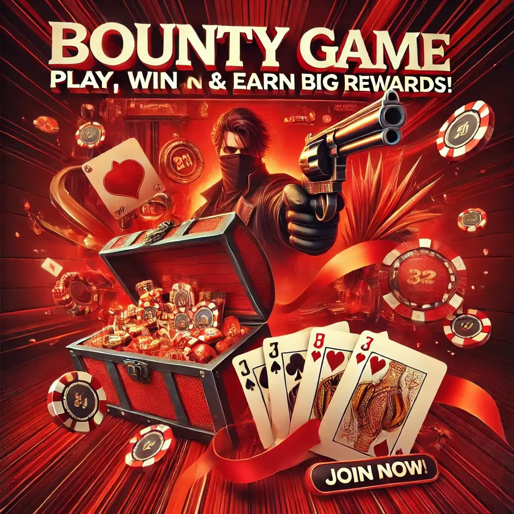 Bounty Game – Play, Win, and Earn big rewards with a red-themed design featuring treasure chests, poker chips, and playing cards.